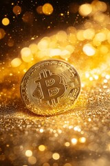 Golden Bitcoin Coin On Shiny Background, Cryptocurrency, Digital Gold Concept,. Close Up