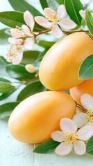 Sticker -   A pair of mangoes resting on a table alongside a collection of flowers on the same table