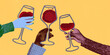 © master1305 - Three hands raising wine glasses filled with red wine against bold yellow background. Cheers. Contemporary art collage. Concept of drink, winery, taste, party, wine culture, wine and dine