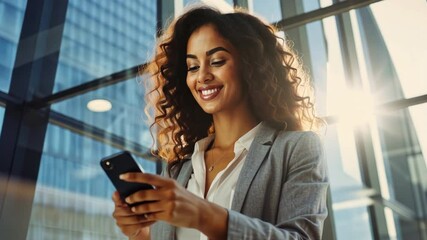 Wall Mural - A woman with curly hair is holding a cell phone in her hand. She is smiling and she is happy