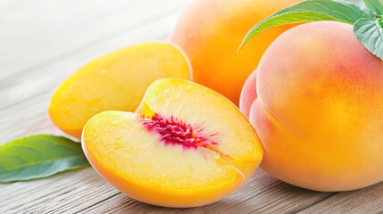 Wall Mural -   A cluster of peaches resting on a wooden table near a lush green foliage