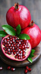 Wall Mural -   A pair of pomegranates resting atop a wooden platter atop a wooden table