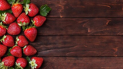 Wall Mural -   A cluster of strawberries arranged on a wooden table with a green leaf nearby