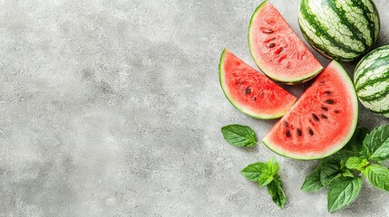 Wall Mural -  Watermelon and mint slices on a gray surface with green garnish