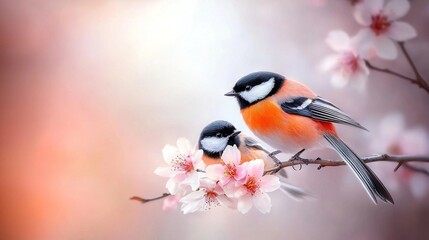   A pair of birds perched on a tree limb adjacent to a blooming branch adorned with pink and white flowers