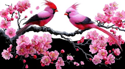   A beautiful depiction of two birds perched on a blooming tree's branch, surrounded by vibrant pink flowers in the foreground