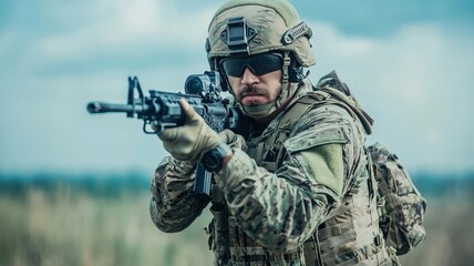 A soldier in tactical gear aims his rifle with precision and focus, ready for a mission under the clear sky.