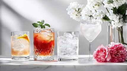 Canvas Print -   A table, glasses full of various drinks, flowers, white and pink vase