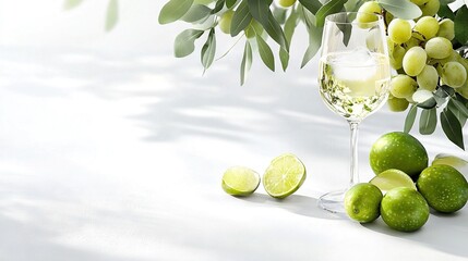 Wall Mural -   A white wine glass with limes and olives on the table