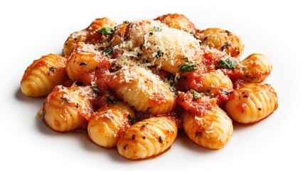 Wall Mural - Delicious plate of gnocchi pasta topped with tomato sauce, grated parmesan cheese, and fresh basil leaves creating a classic Italian dish.