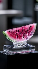 Canvas Print -   Watermelon on black tablecloth, glass stand included