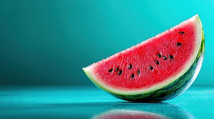 Wall Mural -  Watermelon sits atop blue counter with green wall background