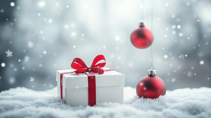 a white christmas gift box tied with a red ribbon, resting on a bed of snow-covered ground. two red 