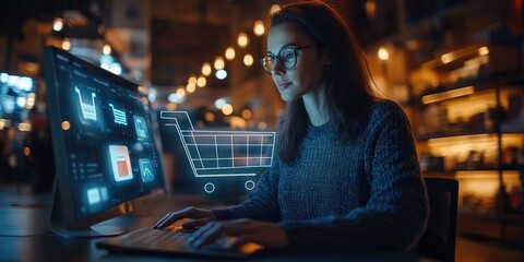 Wall Mural - young woman shopping online using computer with digital shopping cart hologram