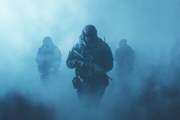 Modern Soldier in Tactical Gear Emerging from Fog, Intense Combat Scene with Cold Blue Lighting, Military Figure in Atmospheric Warfare Setting