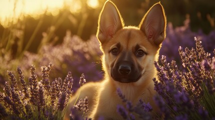 Wall Mural - Puppy in Lavender Field.