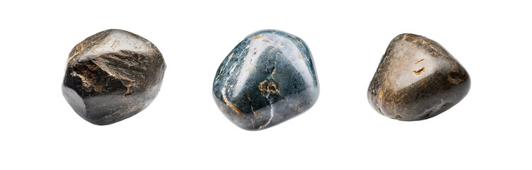 Poster - Three smooth, isolated, gray and black stones on a white background.