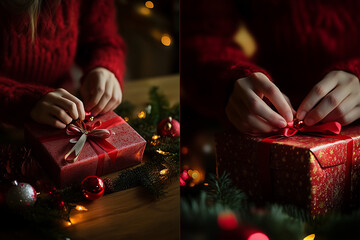 A woman is wrapping a red present with a bow