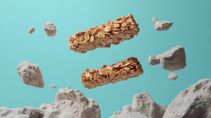 two pieces of granola bar with nuts and oats