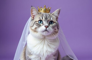 A regal cat dressed in a crown and veil poses against a vibrant purple background