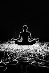 A person meditating in a lotus position on a white mat, in a white scribble style.