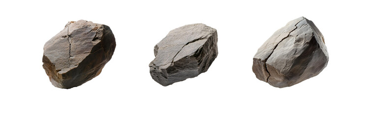 Poster - Three isolated, gray rocks with cracks on a white background.