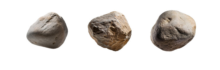 Poster - Three isolated, gray and brown rocks on a white background.