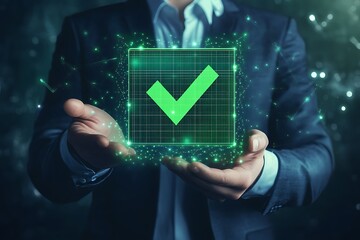 Poster - A person in a suit holds a glowing green checkmark symbol, representing approval or success in a digital context.