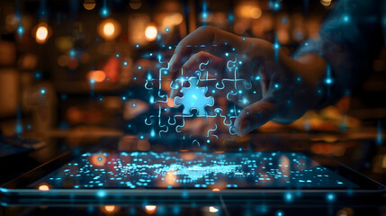 person is holding tablet with holographic jigsaw puzzle icon floating above surrounded by sparkling lights, using digital futuristic technology for solving problems and creating innovation invention