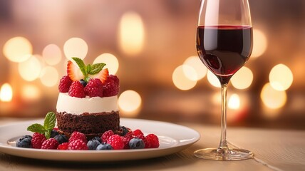 Candlelit setting with a plated dessert and wine glass, the soft light enhancing the rich textures of chocolate and berries