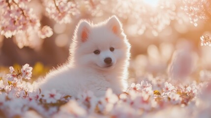 Wall Mural - Puppy in Cherry Blossoms.