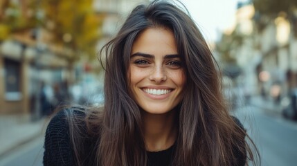 Springtime joy: young woman smiling outdoors for lifestyle and fashion