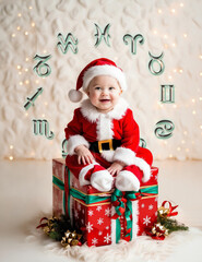 Wall Mural - funny astrology christmas concept with baby toddler in santa claus clothing surrounded with zodiac s