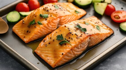 Wall Mural - Two baked salmon fillets seasoned with herbs and pepper on a baking tray, accompanied by sliced cucumbers and cherry tomatoes.