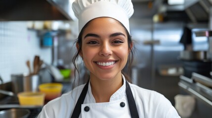 Smiling chef in a professional kitchen setting for culinary industry and cooking enthusiasts