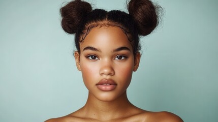 Portrait of a young woman with natural beauty and afro hairstyle for fashion and beauty media