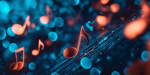 Digital depiction of music notes with vibrant bokeh lighting effects, creating an abstract ambiance.