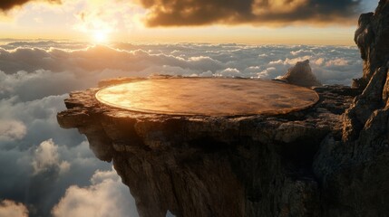 Wall Mural - Glowing golden circular platform on mountain above clouds for inspirational designs