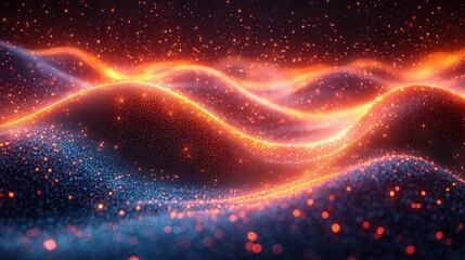 Wall Mural - A vibrant abstract illustration featuring glowing waves of orange and blue with sparkling particles, creating an enchanting visual effect.