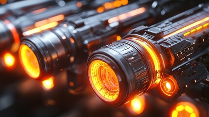 futuristic weapons with glowing orange elements showcase advanced technology and intricate design, e