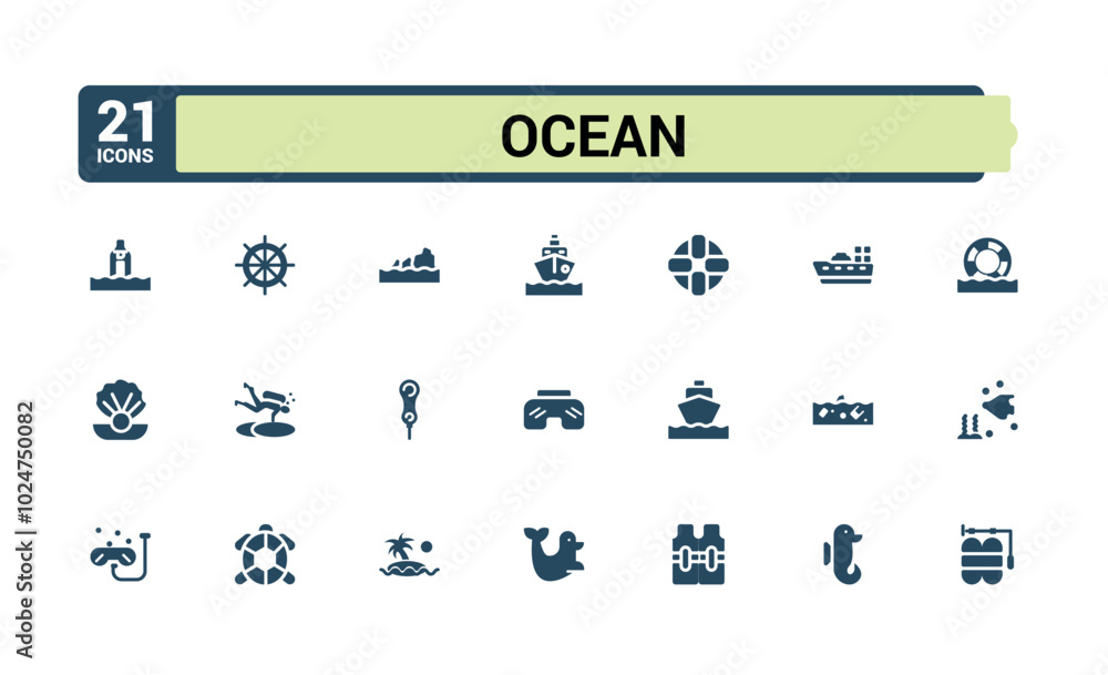 Set of solid beach Icons. Simple style filled icons pack. Ocean, sea ...
