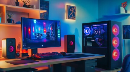 A high-end gaming computer glowing with RGB lights on a desk, surrounded by neon-colored walls, AI-driven artwork on screen.