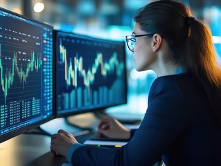 corporate auditor analyzing a sustainability report, seated at a sleek modern office desk, surrounded by digital graphs on screens, emphasizing esg and corporate governance, professional ambiance