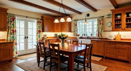 Wall Mural - Cozy cottage kitchen with warm wood tones colorful curtains and a large dining table