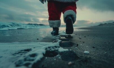 cool santa claus  sandy beach background. Santa Legs. New Year's Eve is coming