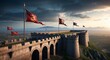 © Arceli - Fortress ramparts overlooking a vast landscape with banners fluttering in the wind