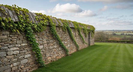 Stone wall covered in climbing ivy and a view of the countryside beyond