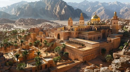 Wall Mural - Majestic Middle Eastern Desert City with Ornate Mosques Palaces and Minarets in Atmospheric Landscape of Mountains Canyons and Palm Trees