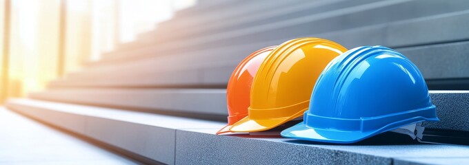 Colorful Construction Helmets on Stairs with Blurry Building Background