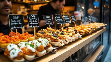 Canvas Print - Variety of tapas on display at a market counter with handwritten labels, featuring diverse toppings on sliced bread, in a busy indoor setting with people in background.